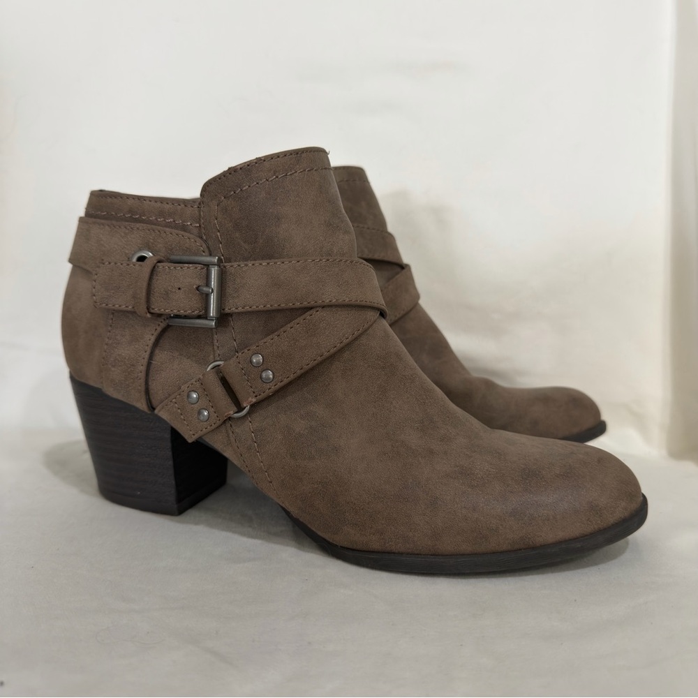 Taupe Suede Ankle Booties with Buckle Straps